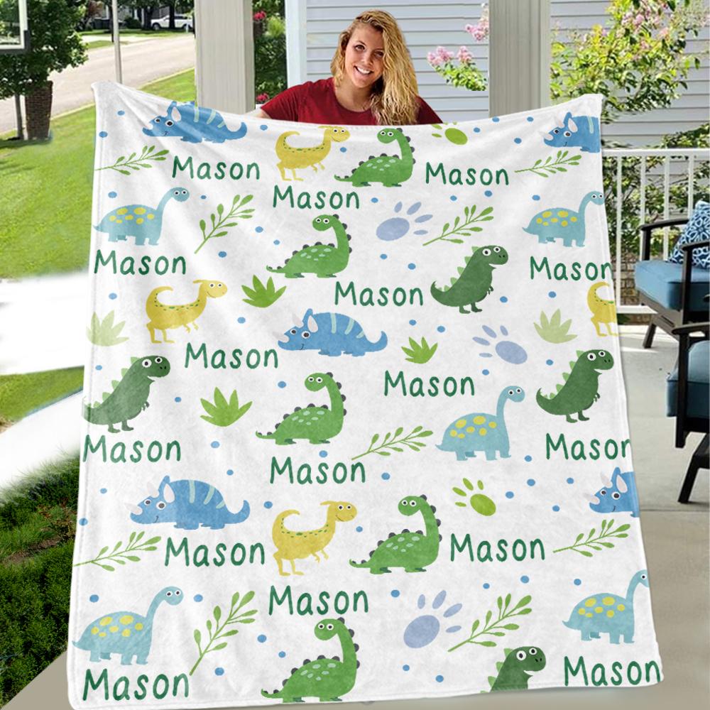 Custom Name Fleece Cartoon Dinosaur Blanket II10