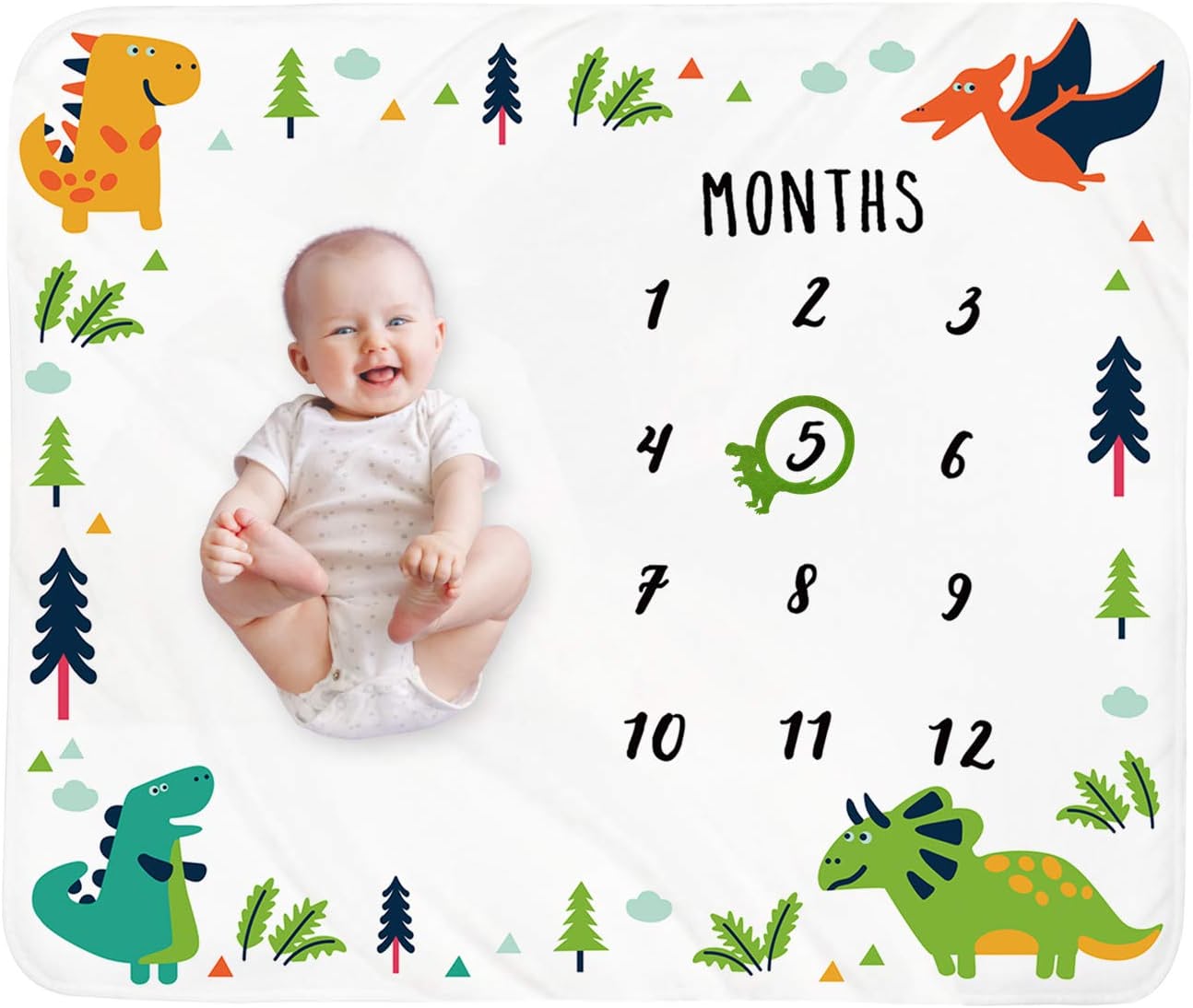Custom Name Fleece Cartoon Dinosaur Milestone Blanket I02