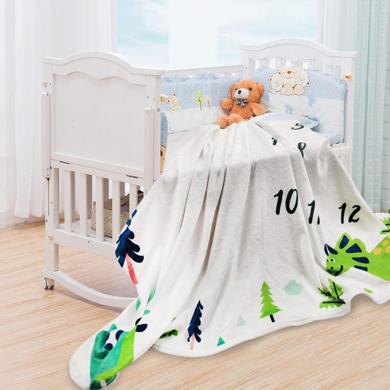 Custom Name Fleece Cartoon Dinosaur Milestone Blanket I02