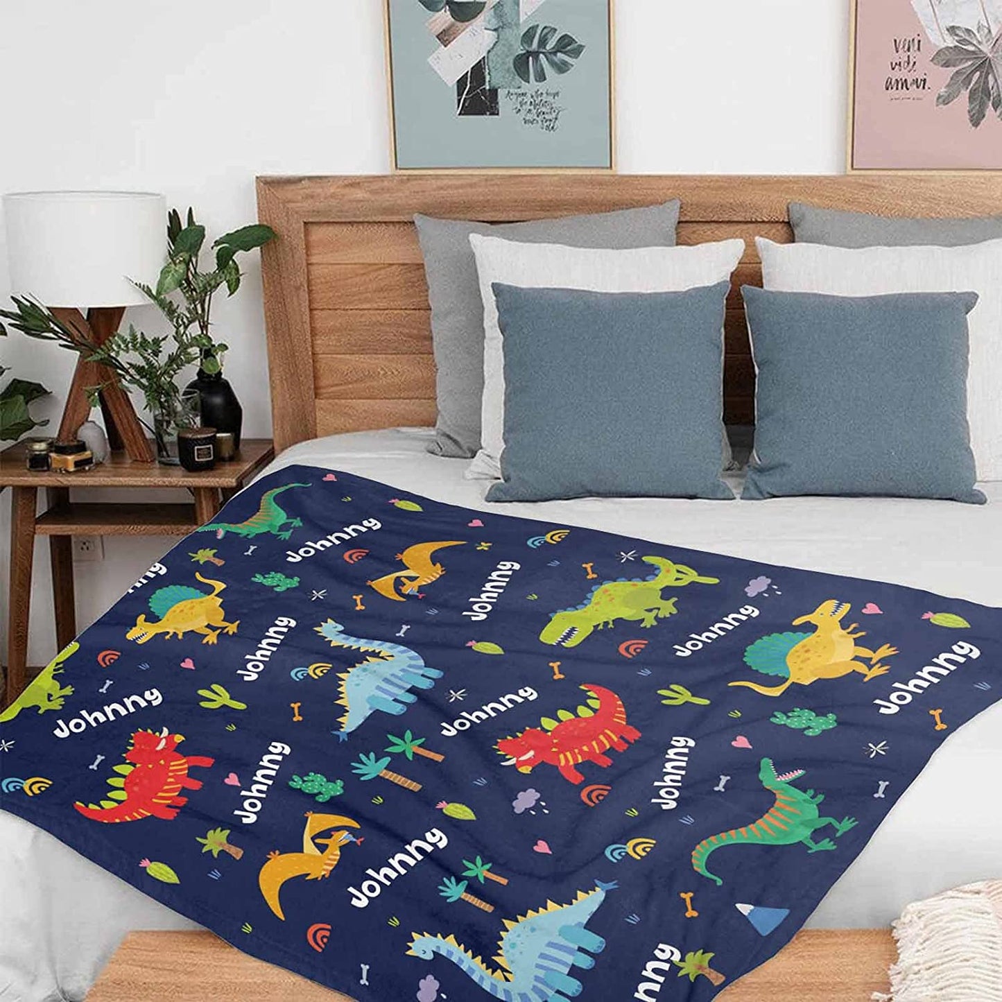 Custom Name Fleece Cartoon Dinosaur Blanket II18