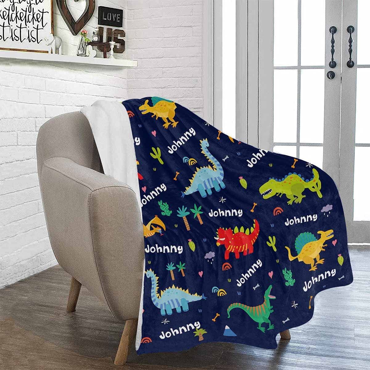 Custom Name Fleece Cartoon Dinosaur Blanket II18