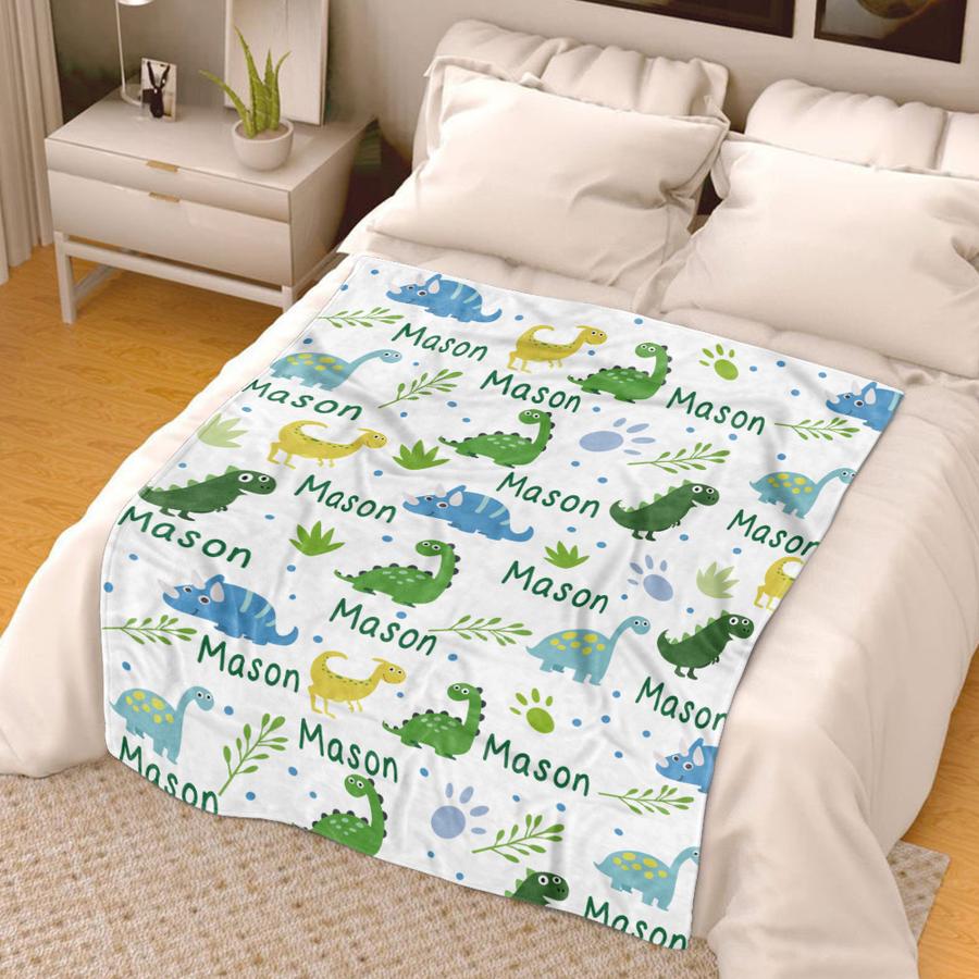 Custom Name Fleece Cartoon Dinosaur Blanket II10
