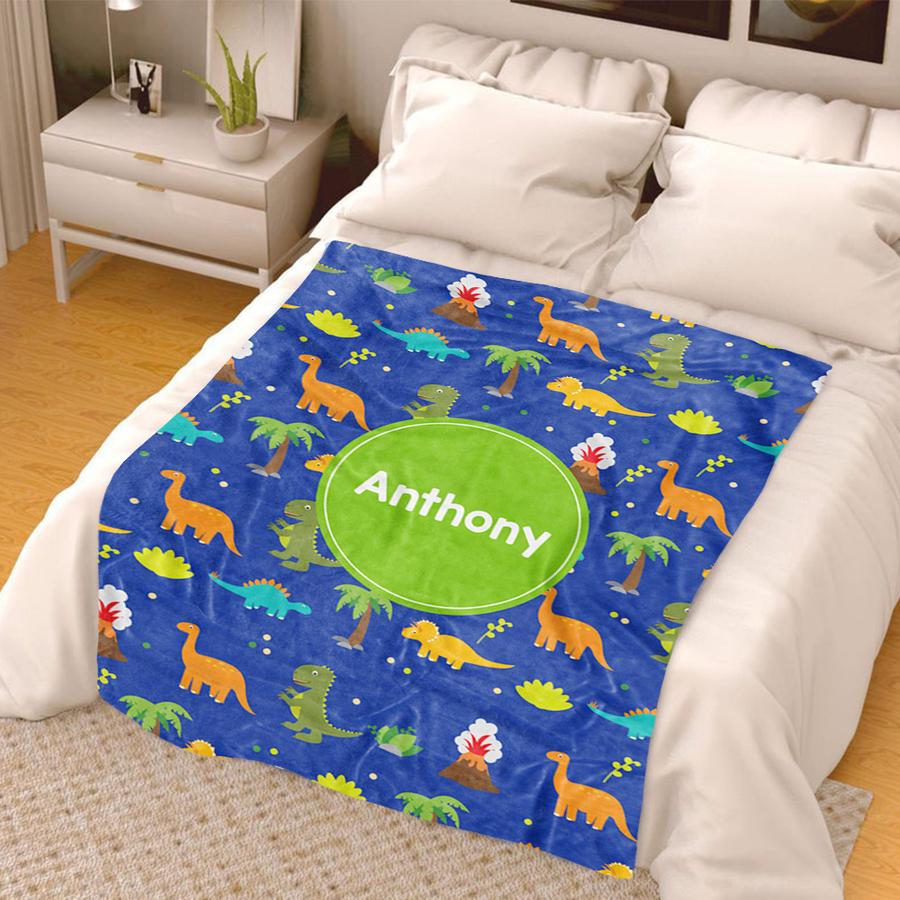 Custom Name Fleece Cartoon Dinosaur Blanket II15