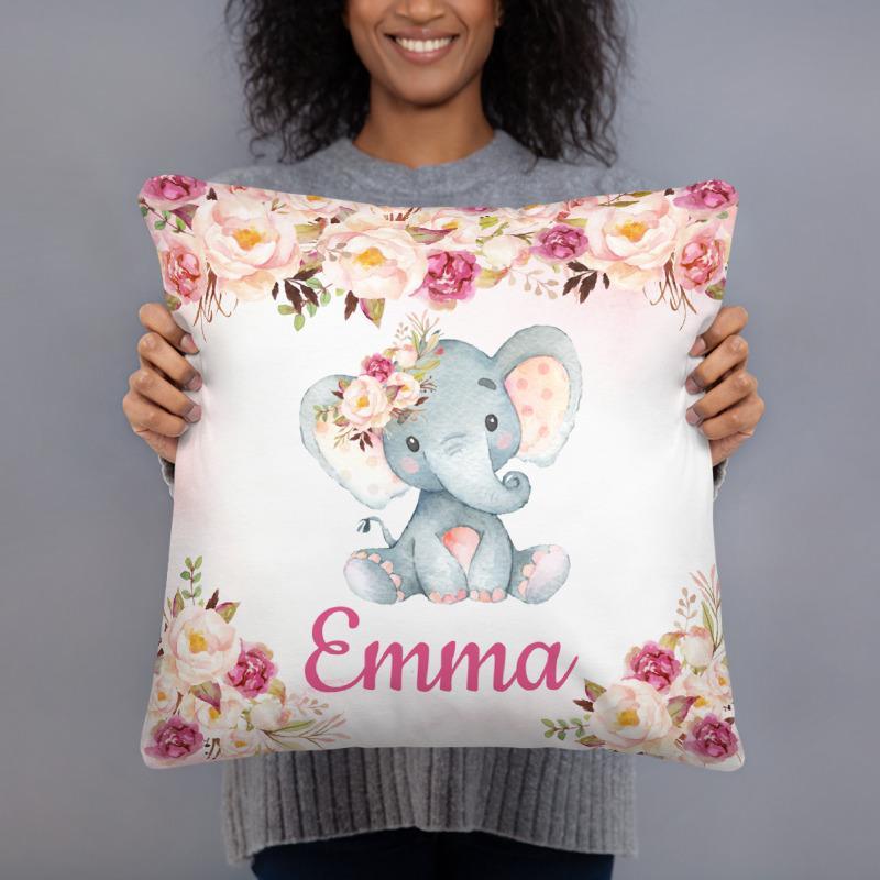 Personalized Baby Pink Flowers Elephant Throw Pillow
