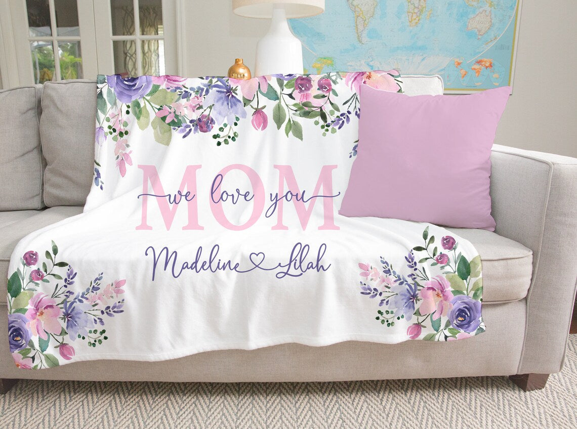 Personalized Flora Mom/Nana/Auntie We Love You Blanket Purple Rose