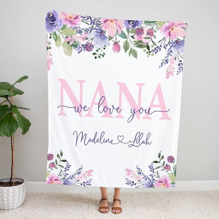Personalized Flora Mom/Nana/Auntie We Love You Blanket Purple Rose