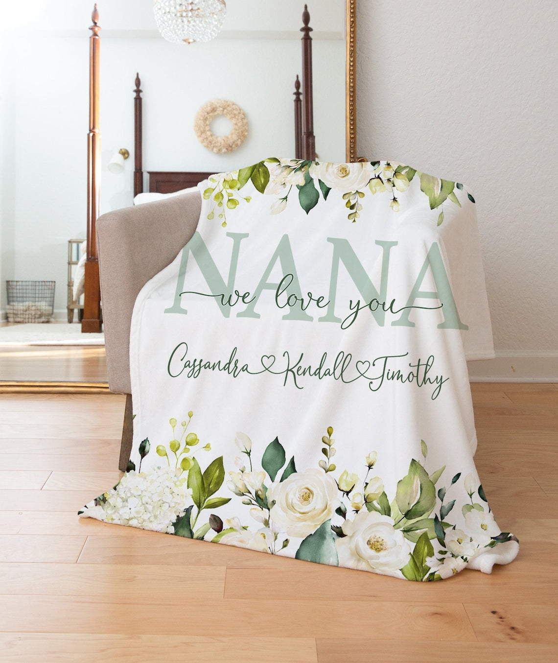 Personalized Flora Mom/Nana/Auntie We Love You Blanket Green Floral