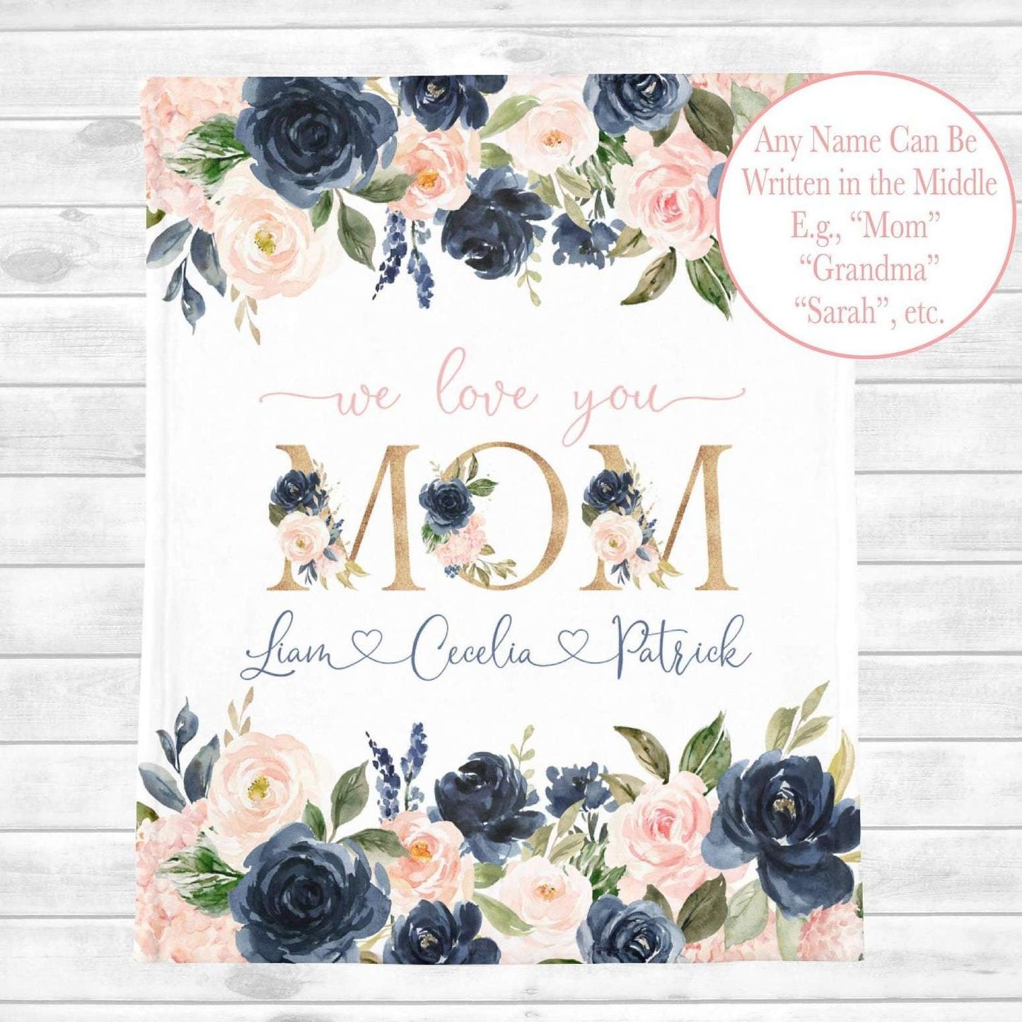 Personalized Flora Mom/Nana/Auntie We Love You Blanket Blue Florals