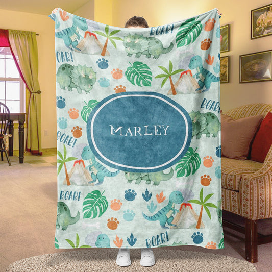 Custom Name Fleece Dinosaur Pattern Blanket