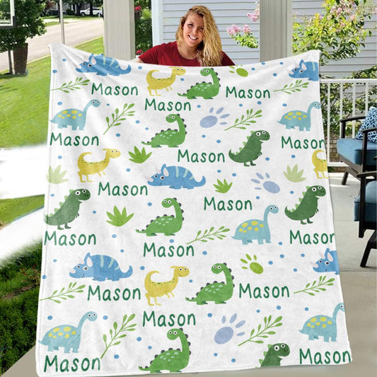 Custom Name Fleece Cartoon Dinosaur Blanket II10