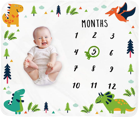 Custom Name Fleece Cartoon Dinosaur Milestone Blanket I02