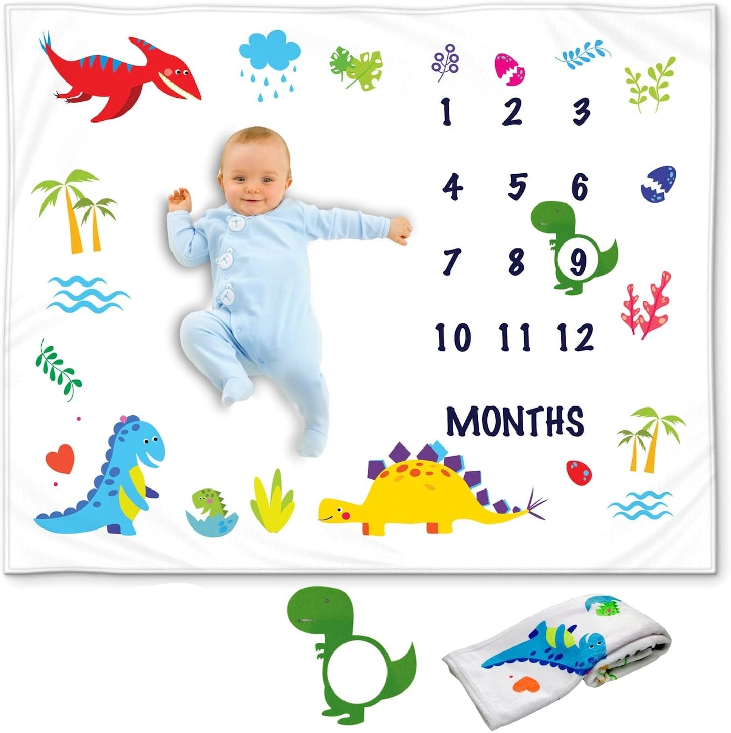 Custom Name Fleece Cartoon Dinosaur Milestone Blanket I01