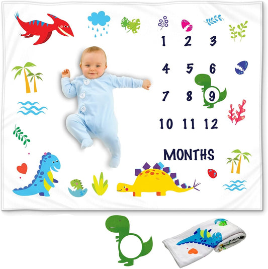 Custom Name Fleece Cartoon Dinosaur Milestone Blanket I01
