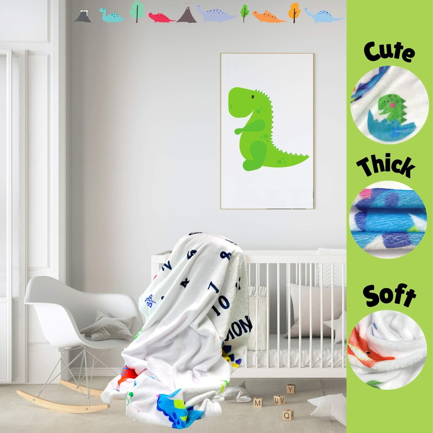 Custom Name Fleece Cartoon Dinosaur Milestone Blanket I01