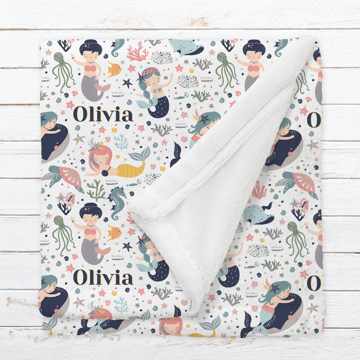 Custom Name Fleece Cartoon Mermaid Blanket II01