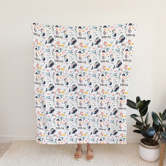 Custom Name Fleece Cartoon Mermaid Blanket II01