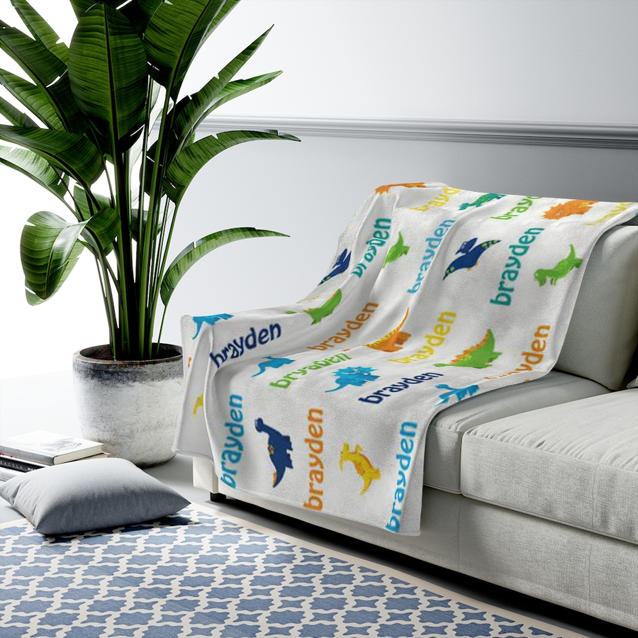 Custom Name Fleece Cartoon Dinosaur Blanket II14